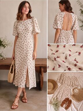 ICHI New Cream Floral Midi Dress with Puff Sleeves, Cottagecore